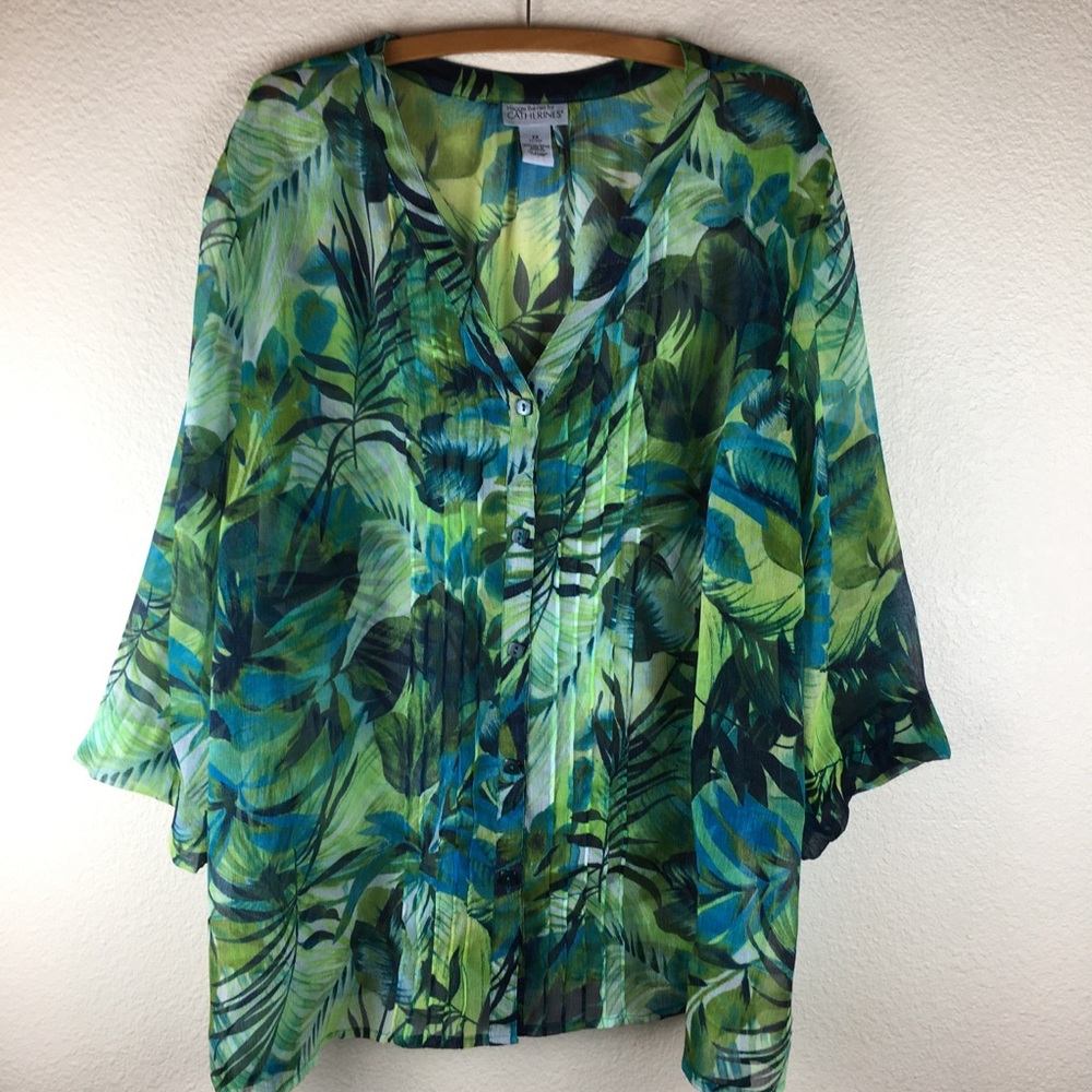 Maggie Barnes for CATHERINES Green Floral Transparent Button Front Blouse Sz 2X - Picture 5 of 13